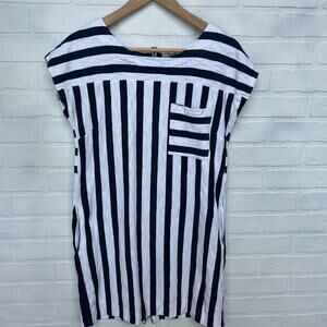 Madewell Vertical Navy Striped Cotton Shirt Dress with Zipper and Pockets -sz S